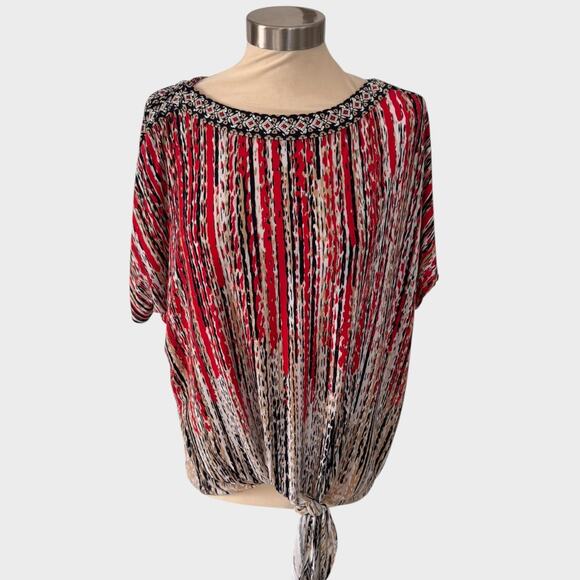 JM Collection Tops - JM Collection Womens Large Bloue Tie Waist Short Sleeve Red Black Cream